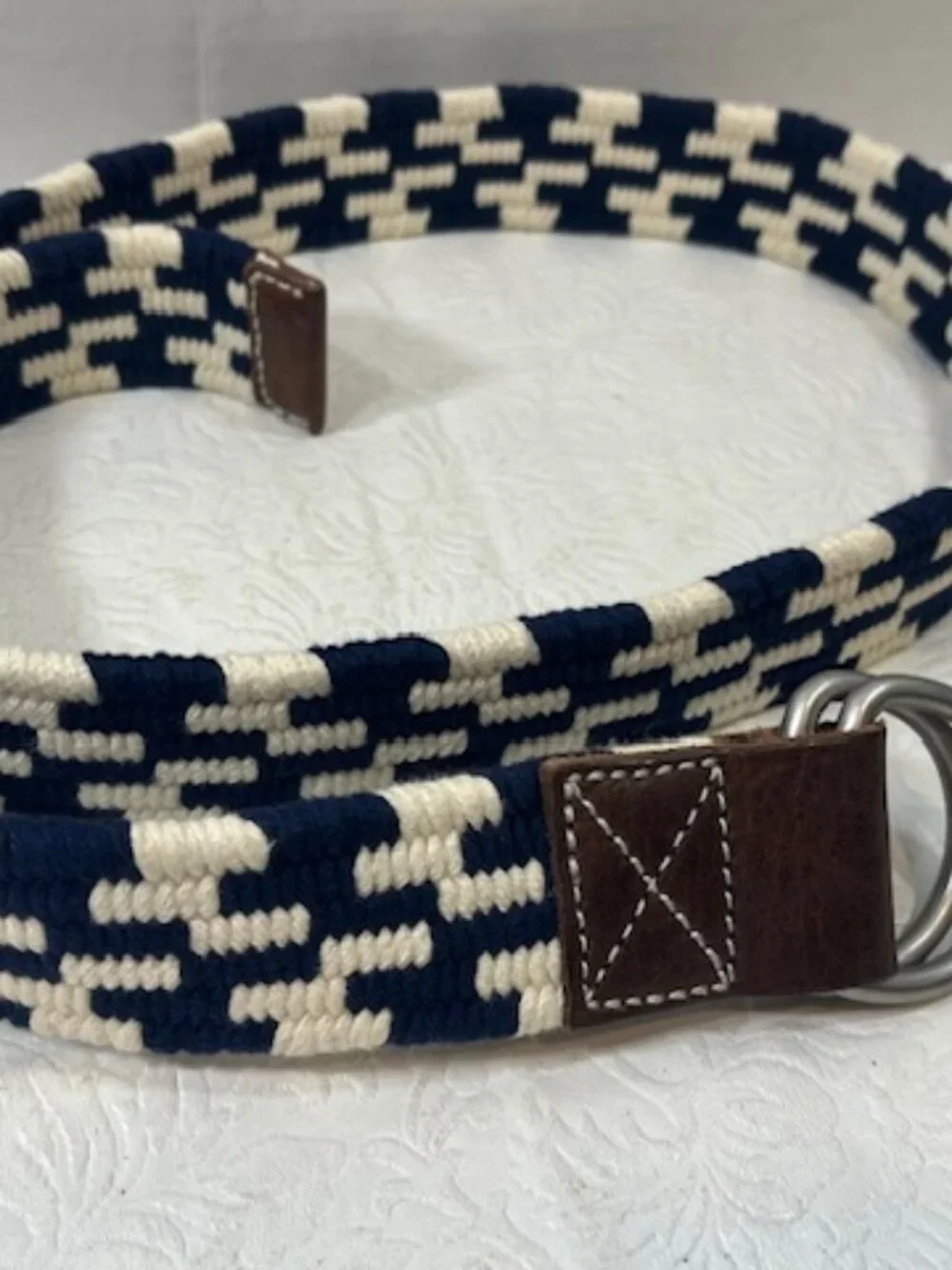 J.Crew Navy Blue & White Woven Cotton Belt Leather Trim Double D-Ring Buckle S-M